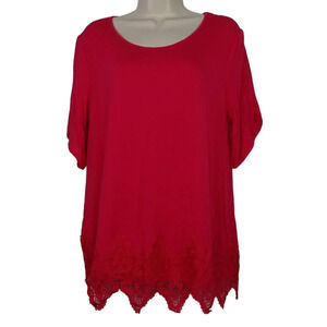 Investments Pink Fuchsia Lace Hem Knit Top Shirt Women Size M  Short Sleeve